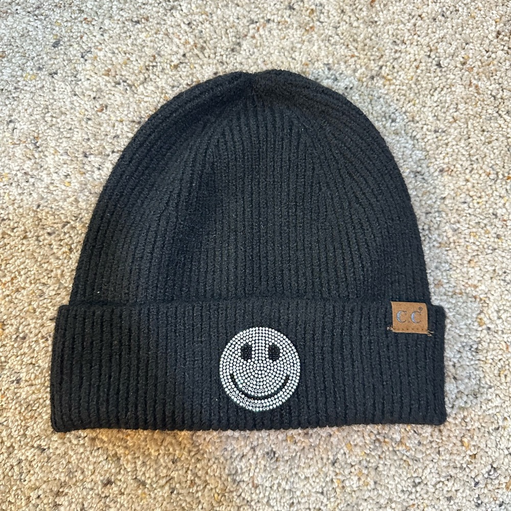 Limited Edition C.C Black Knit Beanie with Rhinestone Smiley Face